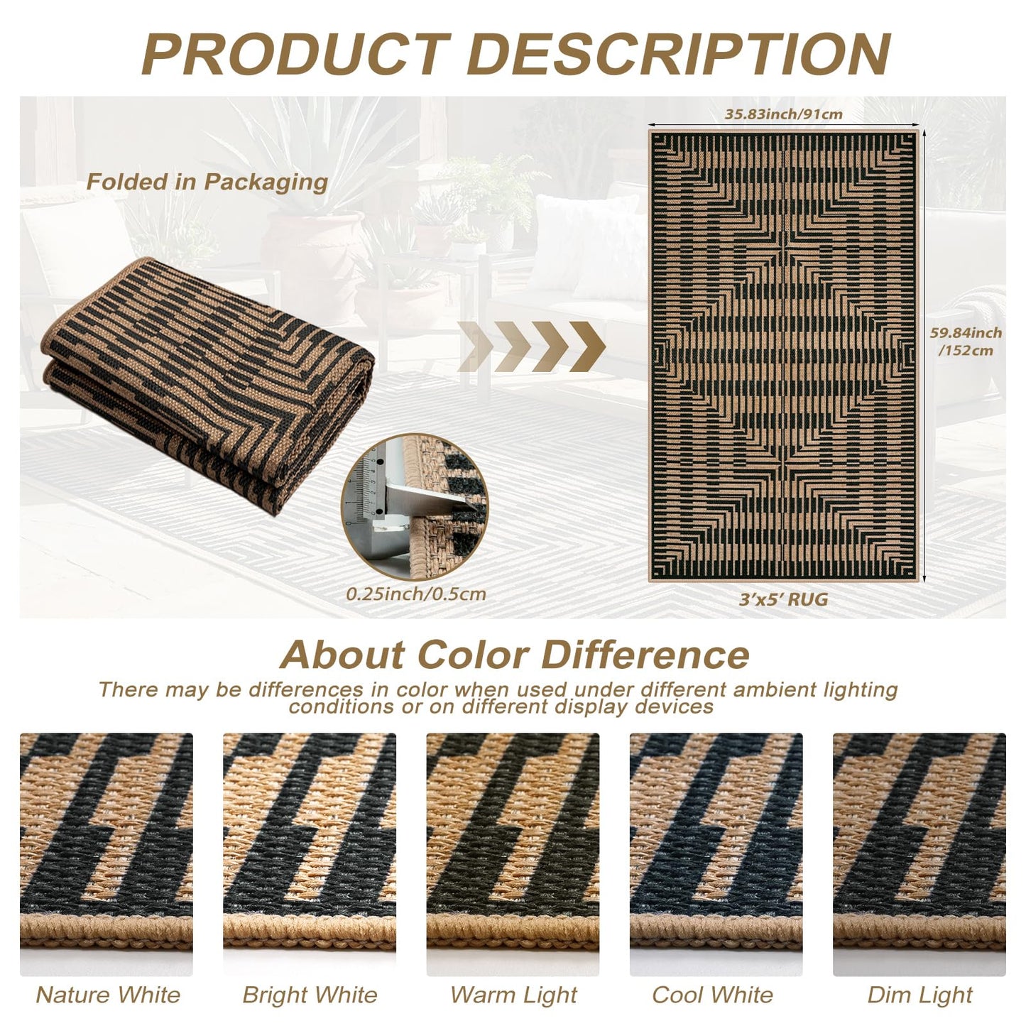 LIVEBOX Easy Jute 3x5 Outdoor Rug, Washable Non Slip Front Door Porch Rugs, Neutral Black Striped Accent Carpet Mat for Entryway, Mudroom (Black & Tan)