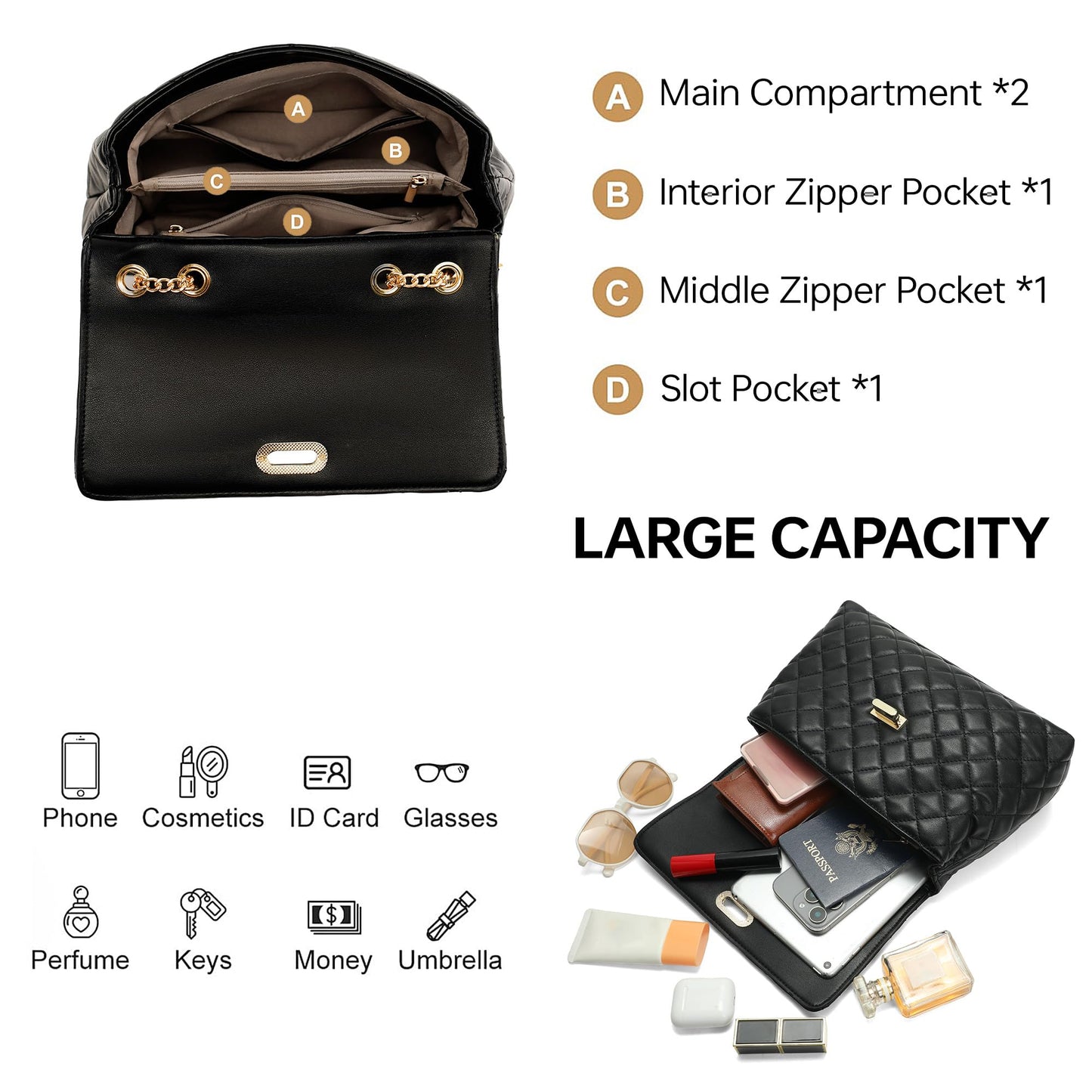 Goinsound Quilted Purse for Women Medium Flap Shoulder Bag with Gold Hardware Chain Black