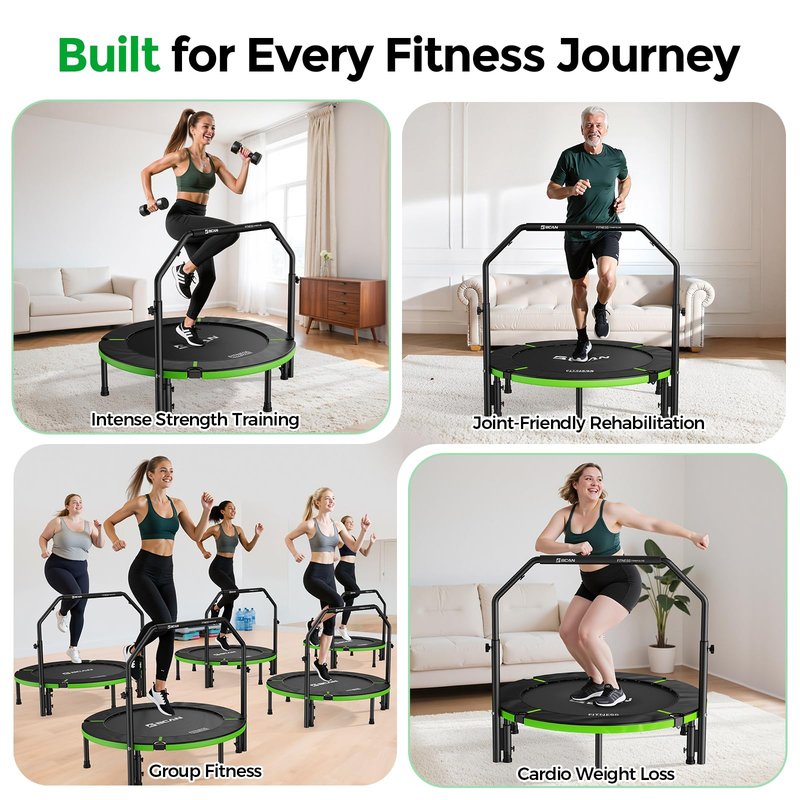 BCAN 40" Foldable Mini Trampoline, Rebounder Trampoline for Adults, Adjustable Foam Handle, Exercise Rebounder for Adults Indoor/Garden Workout, Max Load 330lbs, Green