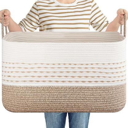 OIASKET 75L Large Cotton Rope Storage Basket, Soft Decorative Blanket Basket for Living Room & Bedroom, Boho Laundry Hamper with Handles Capable of Holding Pillows, Clothes and Toys-Brown & White