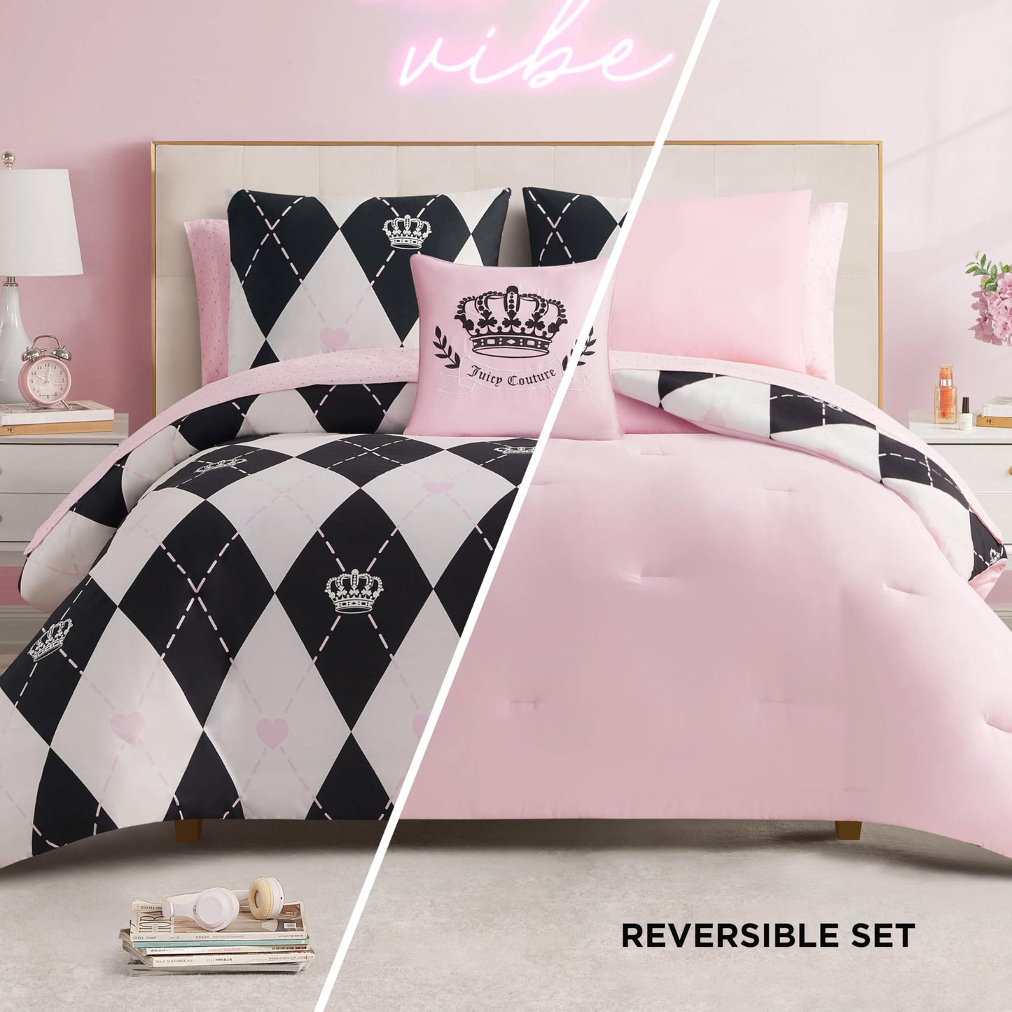 Juicy Couture Royal Argyle 8-Piece Reversible Bed in a Bag, Queen Designer Bedding Set
