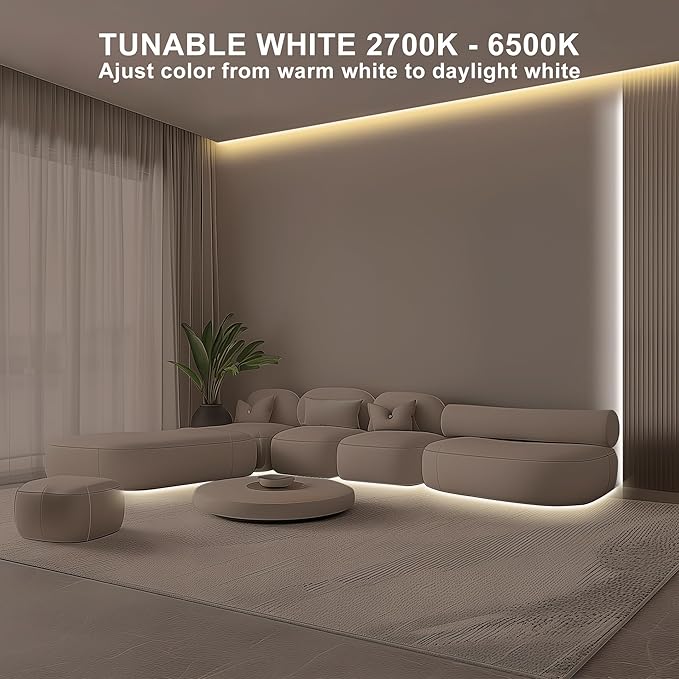 16.4ft Tunable White COB Led Strip Light with RF Remote, CRI93+ Dimmable CCT 2700K-6500K Led Tape Lights, Adhesive High Density Led COB Light Strip for Bedroom, Kitchen, Cabinet