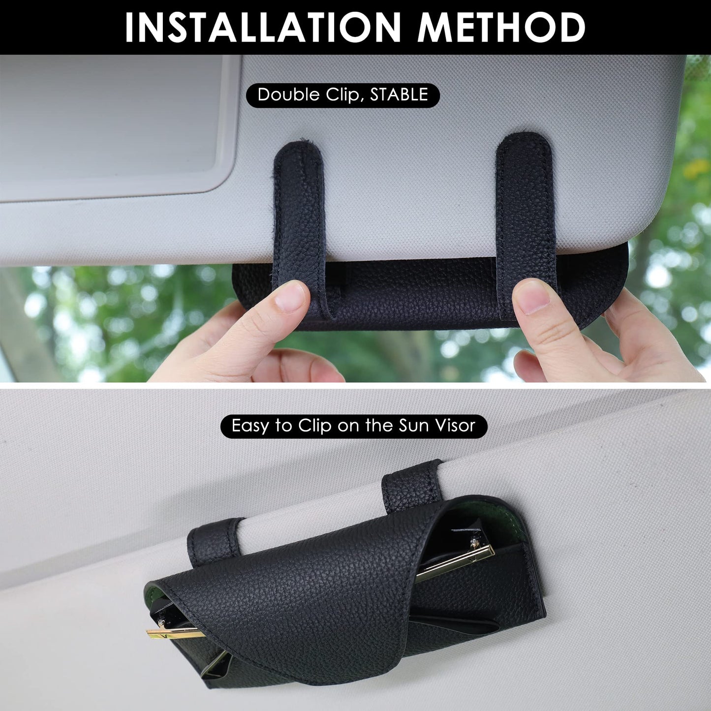 KEVANCHO Magnetic Sunglass Holder for Car Visor Clip, Leather Car Glasses Holder, Visor Accessories Eyeglasses Holder Glasses Storage Case (01-Black)