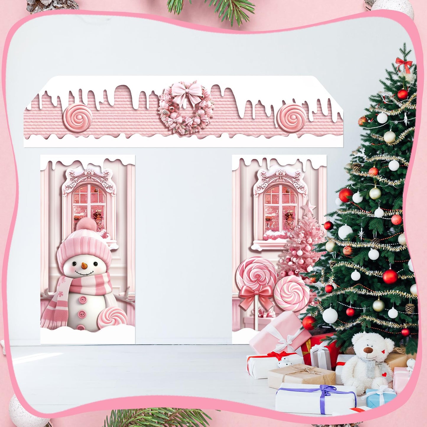 HunnmingRe 3 Pcs Christmas Gingerbread House Decorations Gingerbread Door Covers Backdrop Christmas Door Banners for Xmas Holiday Party Photography Photo Background Decor(Pink Style)