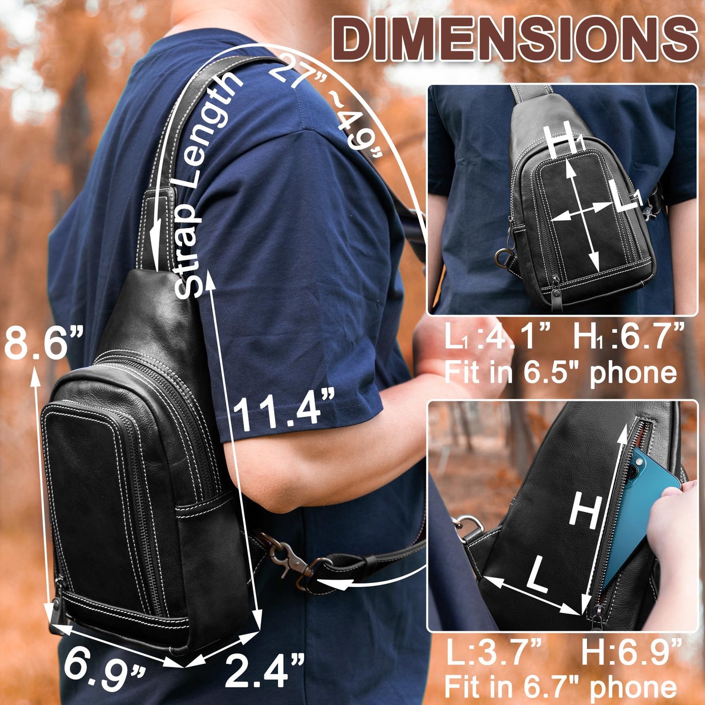 CENUNCO Genuine Leather Sling Bag Crossbody Chest Bag Sling Backpack Purse (Black)