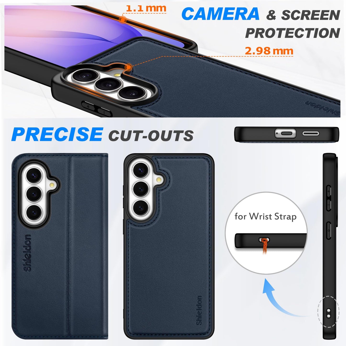 SHIELDON Real Leather Wallet Case for Galaxy S26+ 6.7", Detachable, RFID Blocking Credit Card Slot, Flip Magnetic Closure, Kickstand, Wireless Charging, Removable Shock Absorbing Cover - Navy Blue