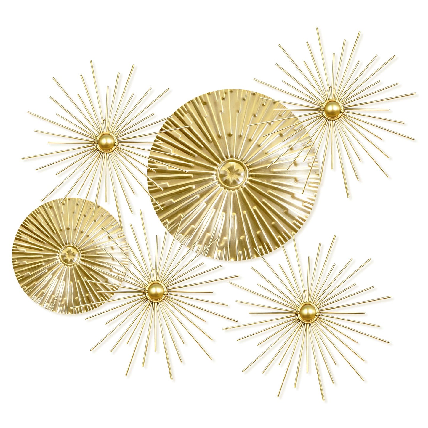 Yudlto 6 Pcs Gold Wall Decor Set, Modern Metal Starburst Radial Plate Wall Art, Gold Metal Hanging Decor for Living Room Bedroom Bathroom Office