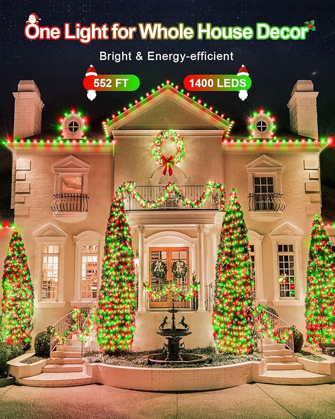 552FT 1400LED Christmas Lights, Extra Long Outdoor String Lights Waterproof, Timer & Memory, 8 Modes Dimmable Plug in Fairy for Outside Tree Wedding Patry Red and Green