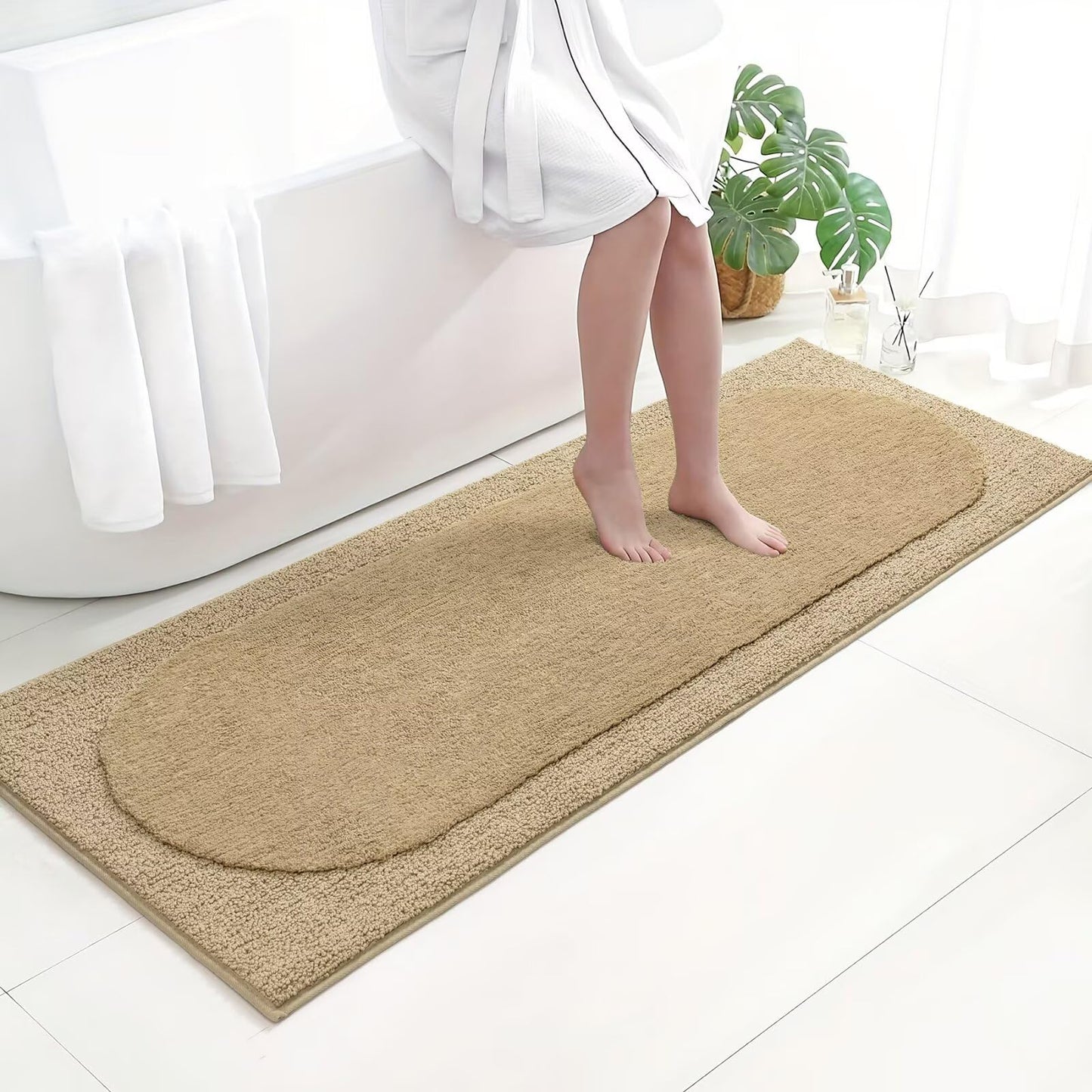 DEXDE Bathroom Runner 24"x60" - Ultra Soft Shaggy Long Bath Mat, Non-Slip Absorbent Plush Microfiber Rug for Bathroom Floor & Hallway, Machine Washable, Beige