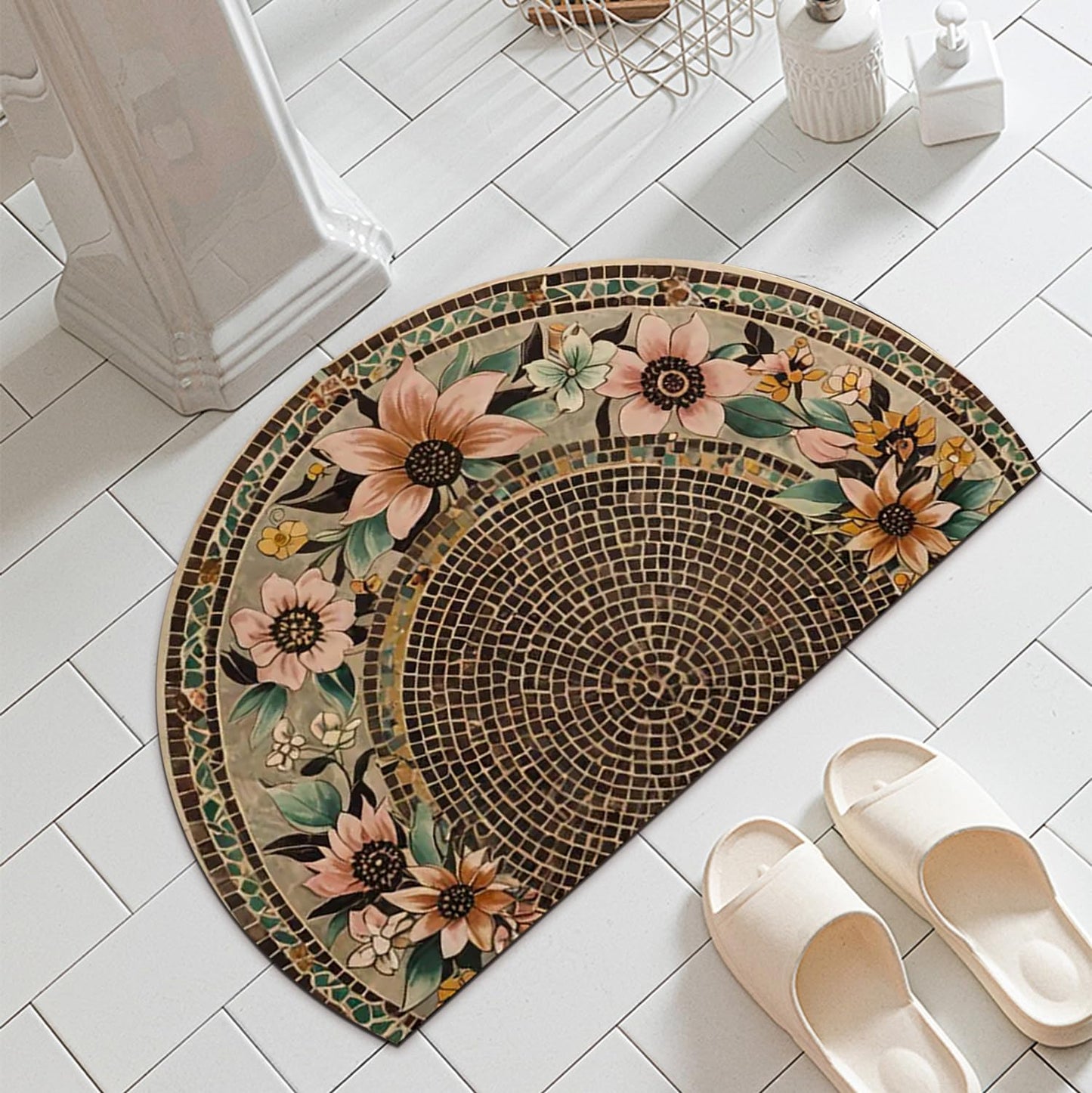 Half Round Door Mat 17"x30" Brown/Pink, Retro Blossoming Flowers Boho Semi Circle Rug, Non-Slip Washable Absorbent Mat, Soft Half Moon Floor Mat for Indoor Outdoor Front Door Kitchen Bathroom Patio