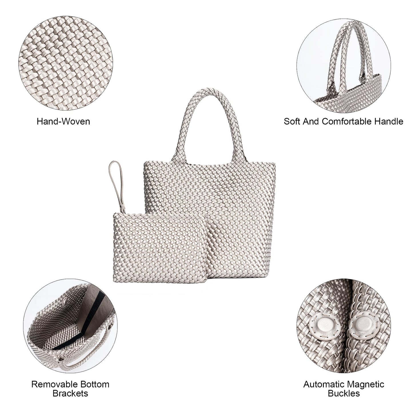 BAGOK Woven Tote Bag for Women, Handwoven Vegan Leather Shoulder Bag with Zipper Clutch, Large Tote Purse for Work, Travel, Beach & Weekend Getaway