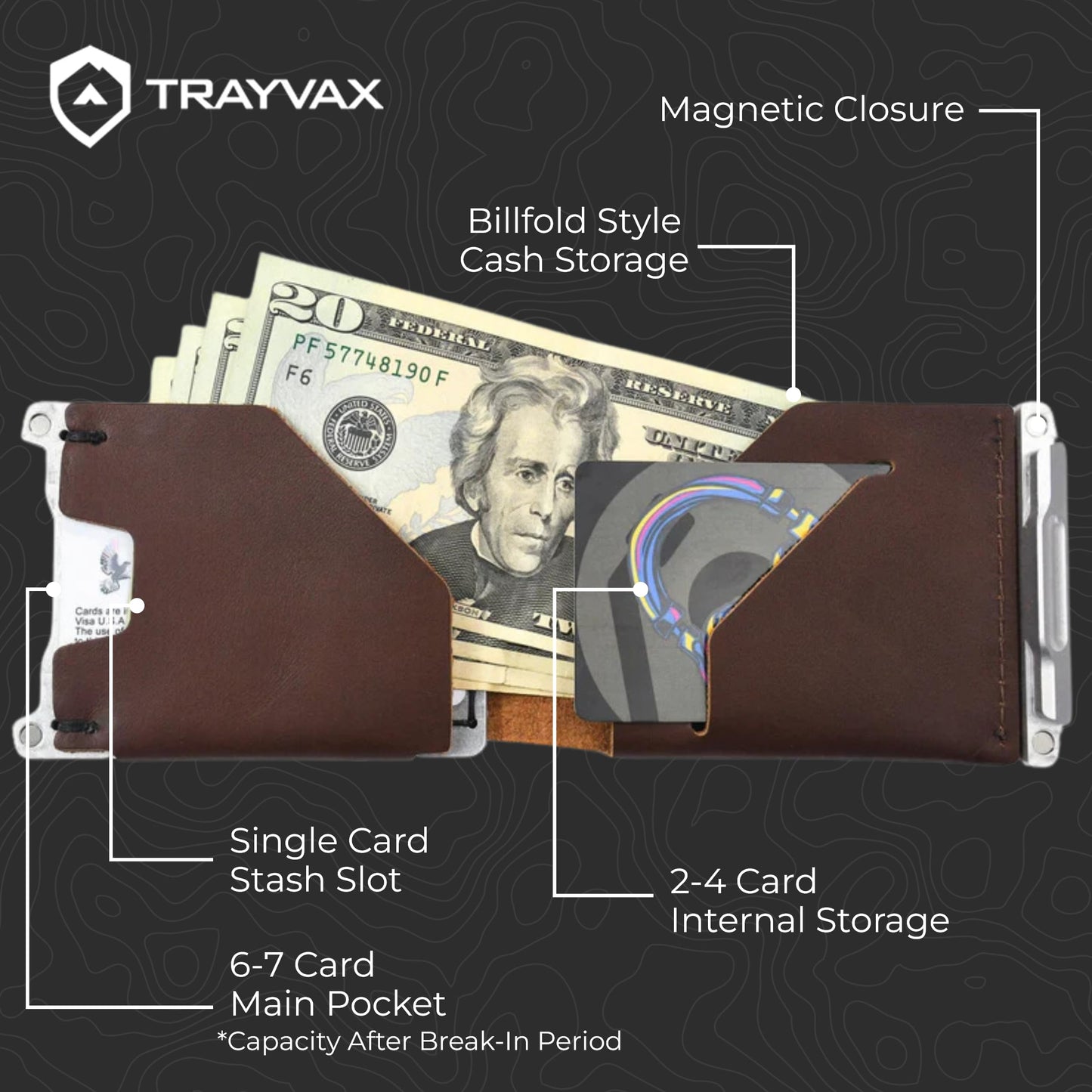 Trayvax Venture Billfold Wallet, Front Pocket Money and Credit Card Holder, Minimalist Slim Leather Metal Wallet for Men and Women, Frontier Brown Leather