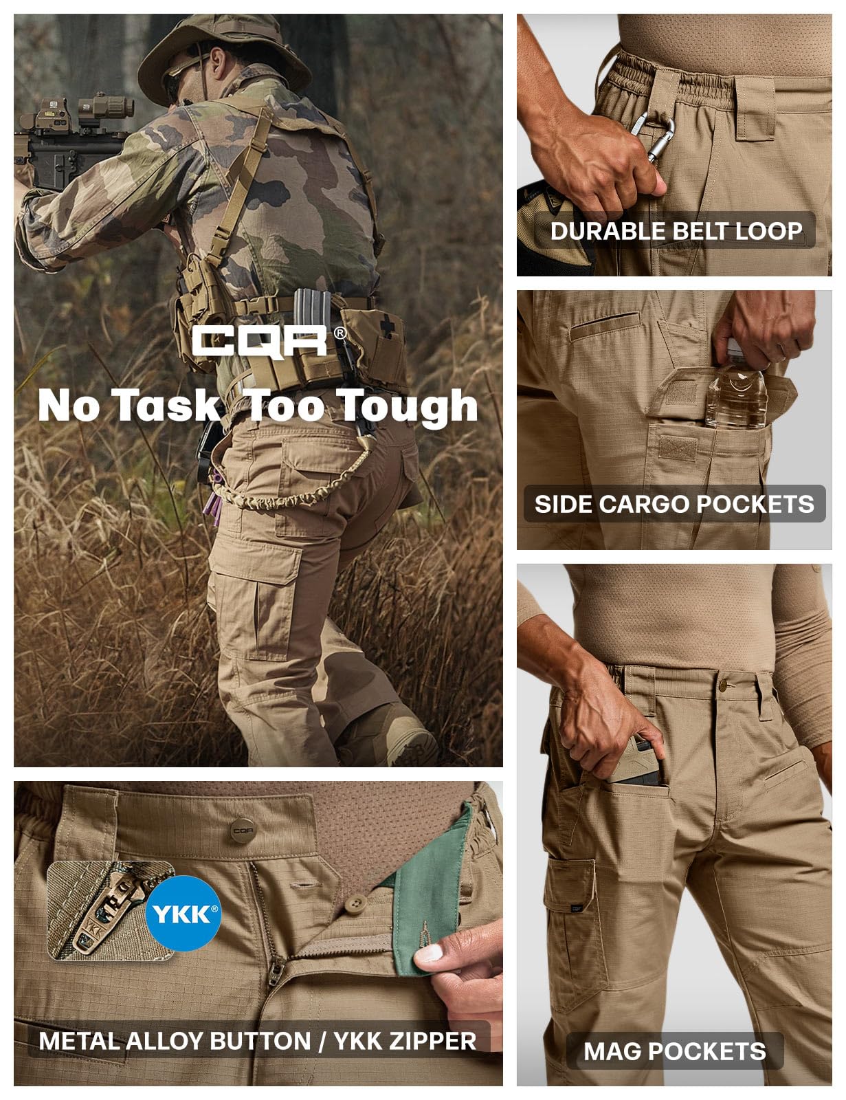 CQR Men's Tactical Pants, Water Resistant Ripstop Cargo Pants, Lightweight EDC Work Hiking Pants, Outdoor Apparel, Raider Cougar, 32W x 34L