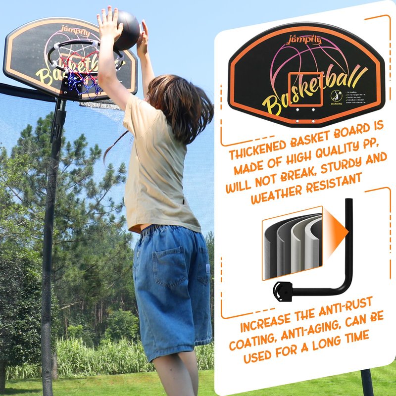 Jumpfly Trampoline Basketball Hoop Attachment, Basketball Hoop for Trampoline Easy to Install, Universal Trampoline Accessories Fits Straight Pole & Curved Pole with Mini Balls & Pump