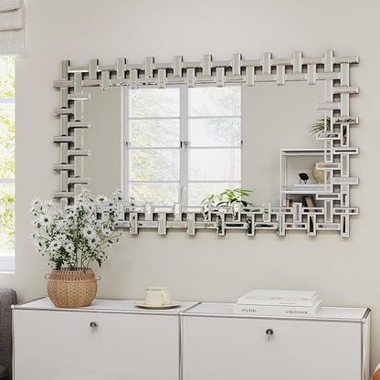 Decorative Wall Mirror with Beveled Glass Frame, 47''x24'' Large Living Room Mirror, Elegant Frameless Accent Mirror for Entryway, Dining Room, Fireplace