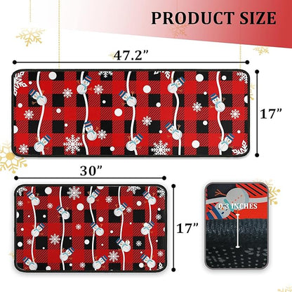Buffalo Plaid Christmas Kitchen Rugs and Mats Set of 2, Christmas Snowman Winter New Year Holiday Party Low-Profile Floor Mat Merry Christmas Decorations for Kitchen Home- 17"x47"+17"x30"