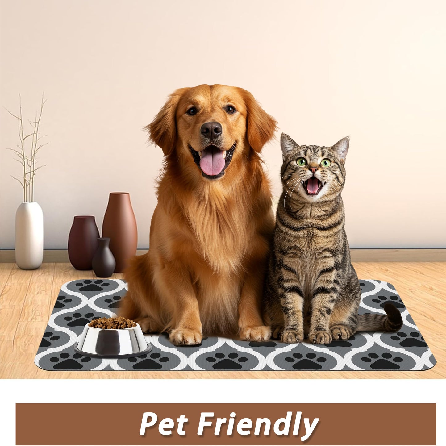 Gray Paw Print Geometric Dog Cat Food Mat,Absorbent Pet Feeding Mat for Food and Water,Non-Slip Dog Bowl Mats Floor Protector 12"x20"
