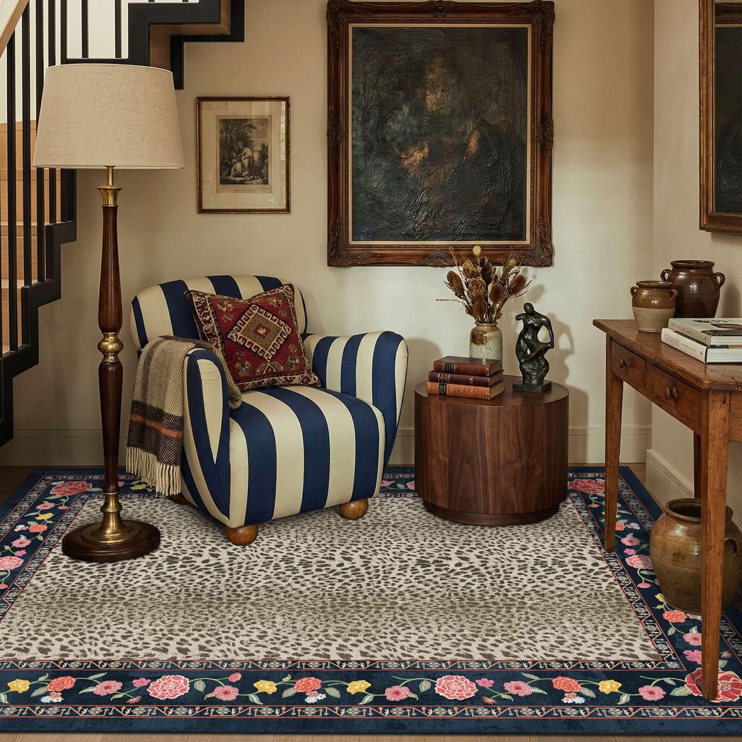 Rugxara 4x6 Leopard Print Rug for Living Room, Machine Washable Area Rug for Bedroom, Non-Slip Low Pile Animal Cheetah Carpet with Rubber Backing for Dining Room Kitchen Home Decor, Brown Blue