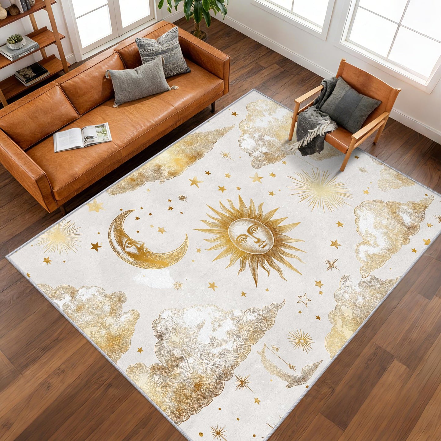 Celestial Rugs for Bedroom Decor, 8x10 ft, Mystical Astrology Clouds Stars Area Rugs for Living Room, Soft Non Slip Washable Witchy Sun and Moon Carpet Home Decorations ftx-1