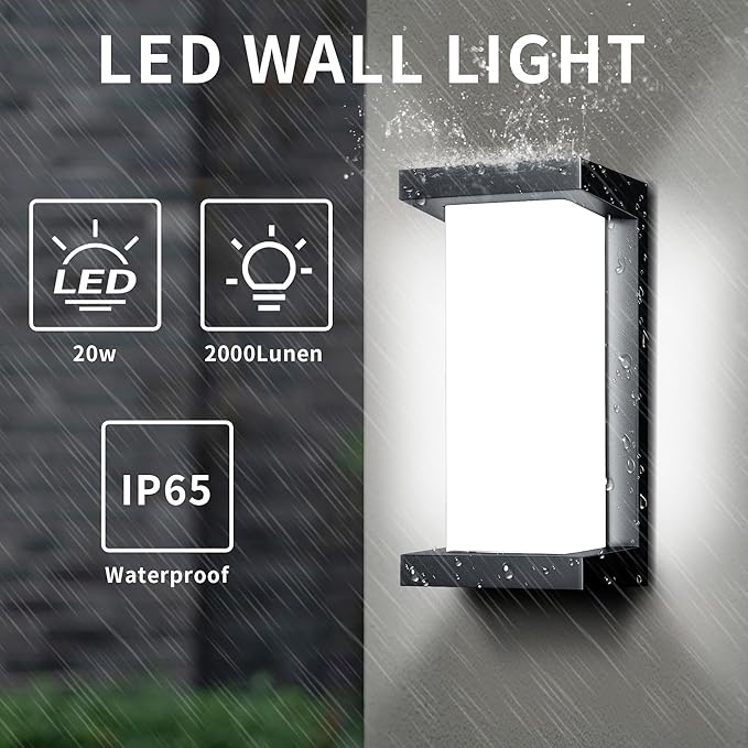 Wrasse Porch Lights Outdoor 2000 Lumen Wall Light Fixtures 6500K Modern Exterior Sconces Wall Lighting for House Outside(2 Pack)