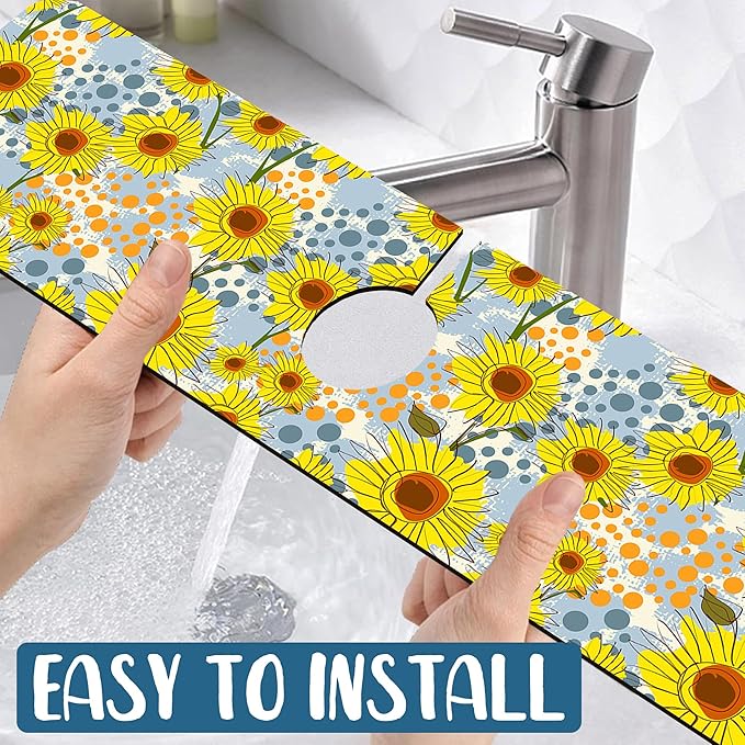 Watercolor Sunflowers Sink Splash Guard Faucet Mat Sunflowers Polka Dots Super