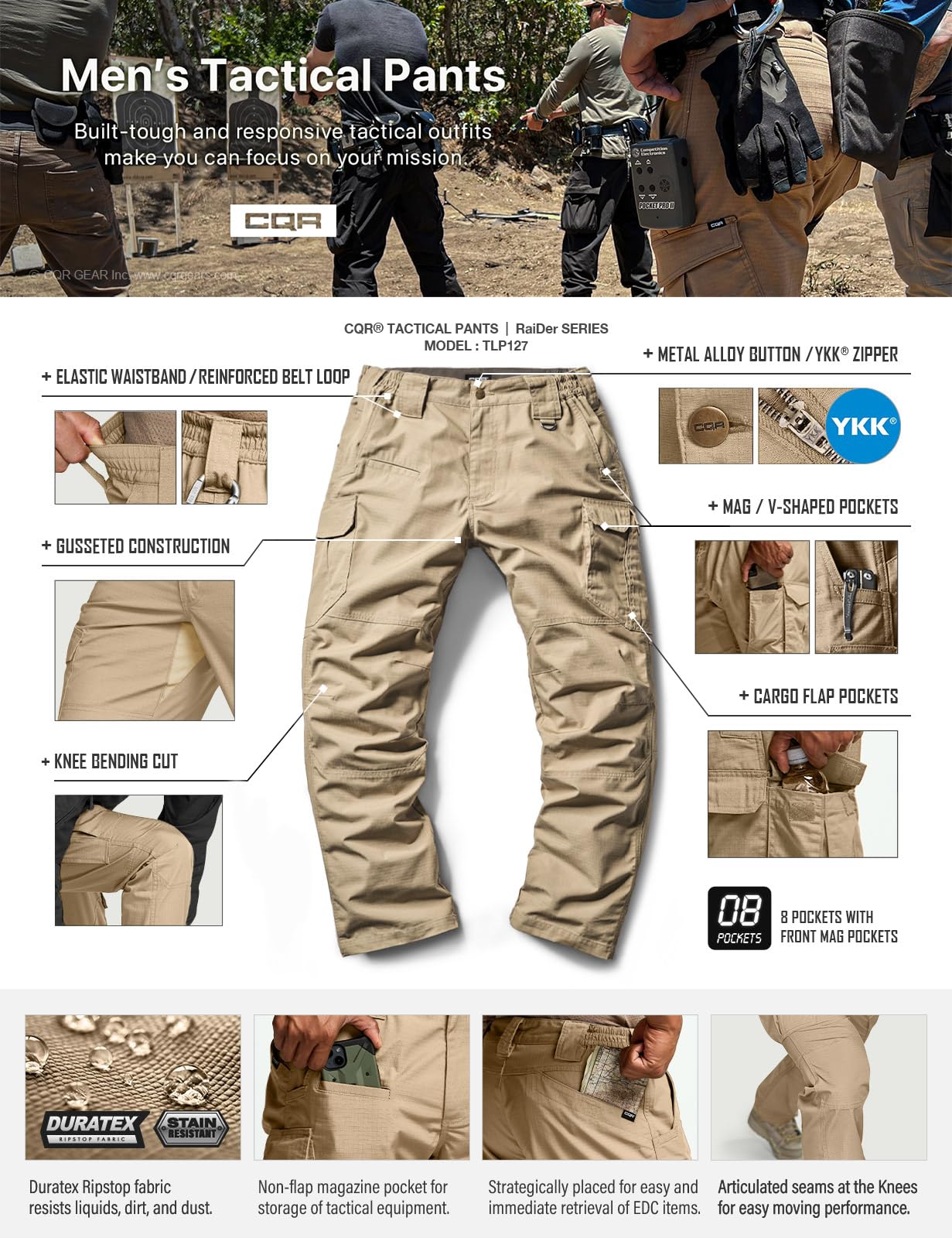 CQR Men's Tactical Pants, Water Resistant Ripstop Cargo Pants, Lightweight EDC Work Hiking Pants, Outdoor Apparel, Raider Mag Pocket Khaki, 38W x 32L