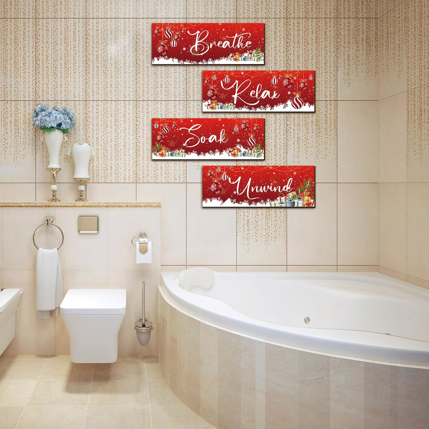 Huwena 4 Pcs Winter Bathroom Wall Decor Winter Wooden Decor Relax Soak Breathe Unwind Art Hanging Wall Pediments Rustic Xmas Wooden Sign for Xmas Home Living Room Laundry Spa(Ball)