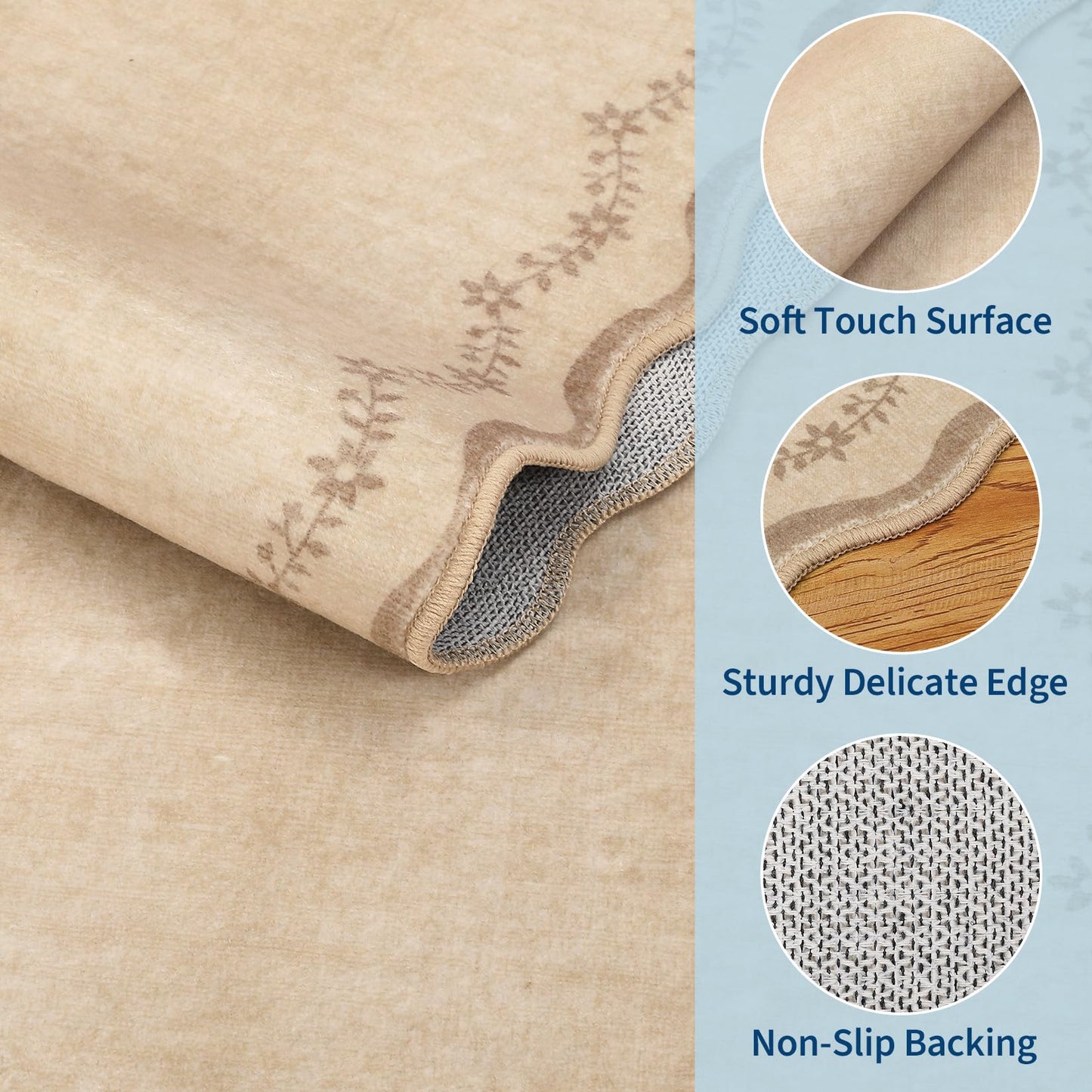 GarveeHome 3x5 Scalloped Washable Area Rug for Bedroom,Soft Solid Jute Entryway Rug Farmhouse Kitchen Mat Non Slip Low Pile Carpet Stain Resistant Throw Rug for Bedside Kids Room Office