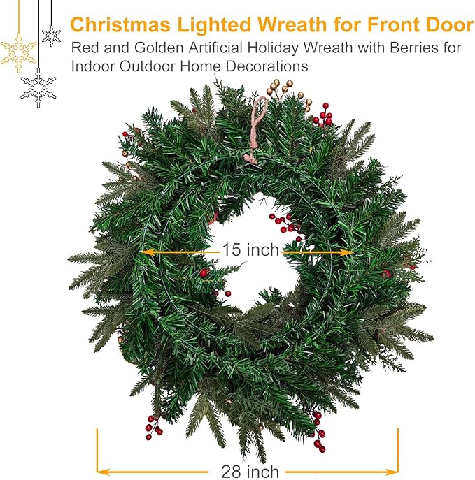 28’’ Pre-Lit Artificial Christmas Wreath, Battery Operated 35 LED Lights with Faux Greenery, Pine Cones, Berries for Front Door, Xmas Wreath for Holiday Christmas Home Decorations