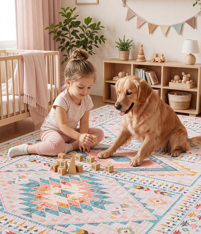 YIHOUSE Boho Living Room Area Rug 5'x7', Pink/Blue