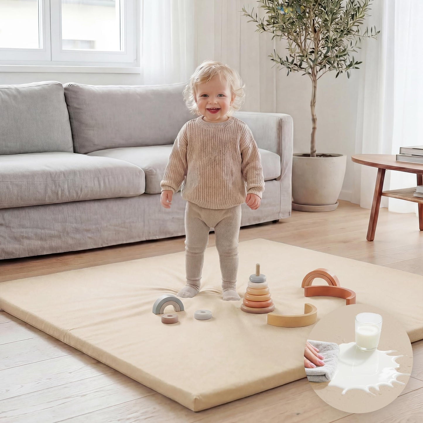 Huloo Sleep Baby Play Mat 50x50 Inches, 1.3" Thick Padded Waterproof Floor Cushion & Playpen Mat with Vegan Leather, Non-Slip & Non-Toxic Nursery Rug for Infants, Toddlers & Kids(Beige)