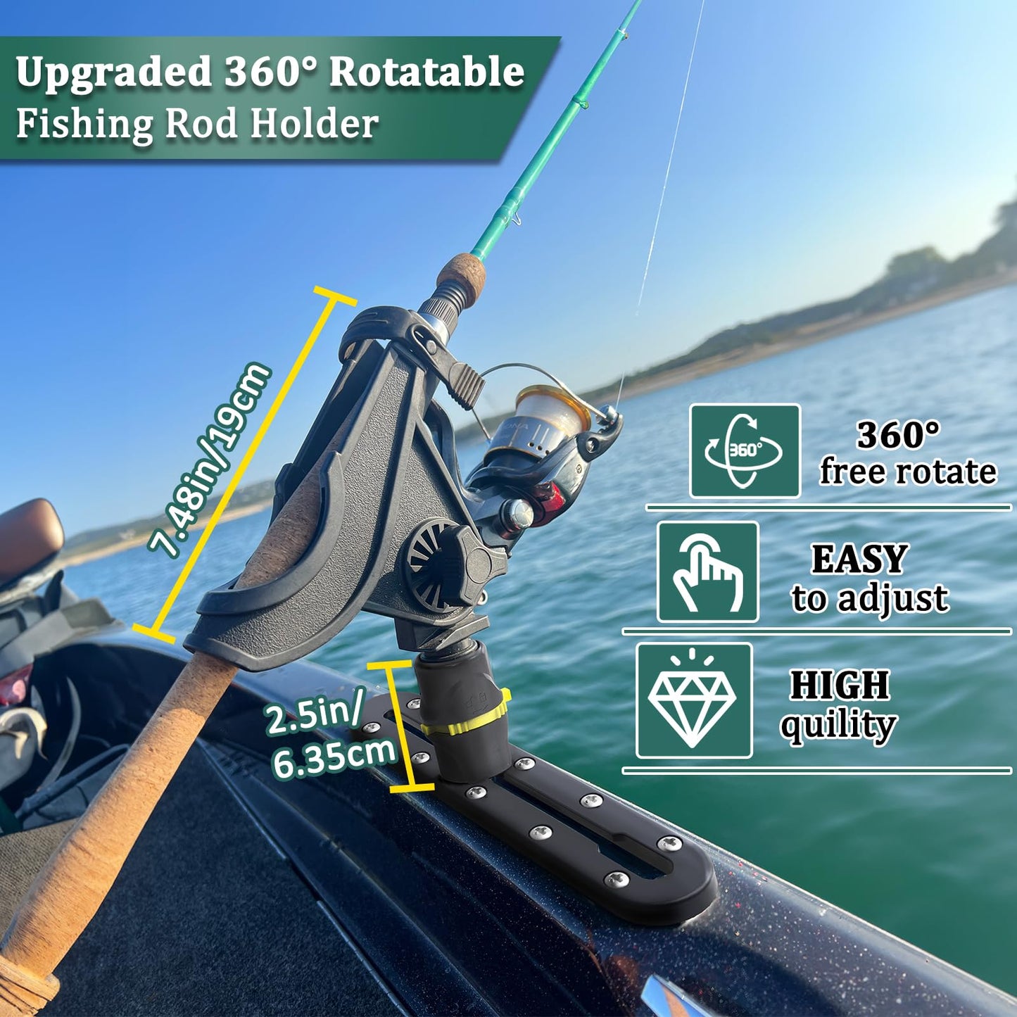 Huntury Track Mount Fishing Rod Holder with 360° Adjustable Kayak Track Adapter for Kayak & Boat | Compatible with Spinning, Casting | Quick Lock On or Release, Kayak Fishing Accessories (Pack of 1)