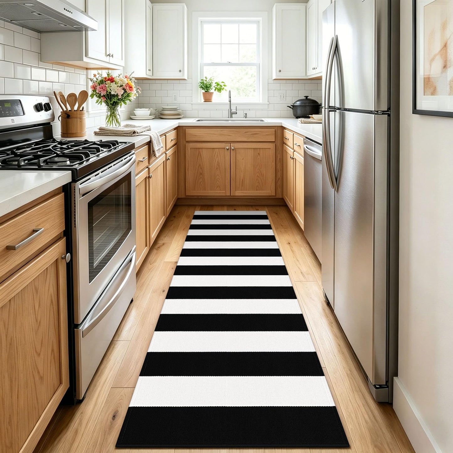 KOZYFLY Black White Striped Runner Rug 2x6 ft Woven Washable Hallway Runner Cotton Farmhouse Kitchen Rug for Entryway Porch Patio Laundry Room