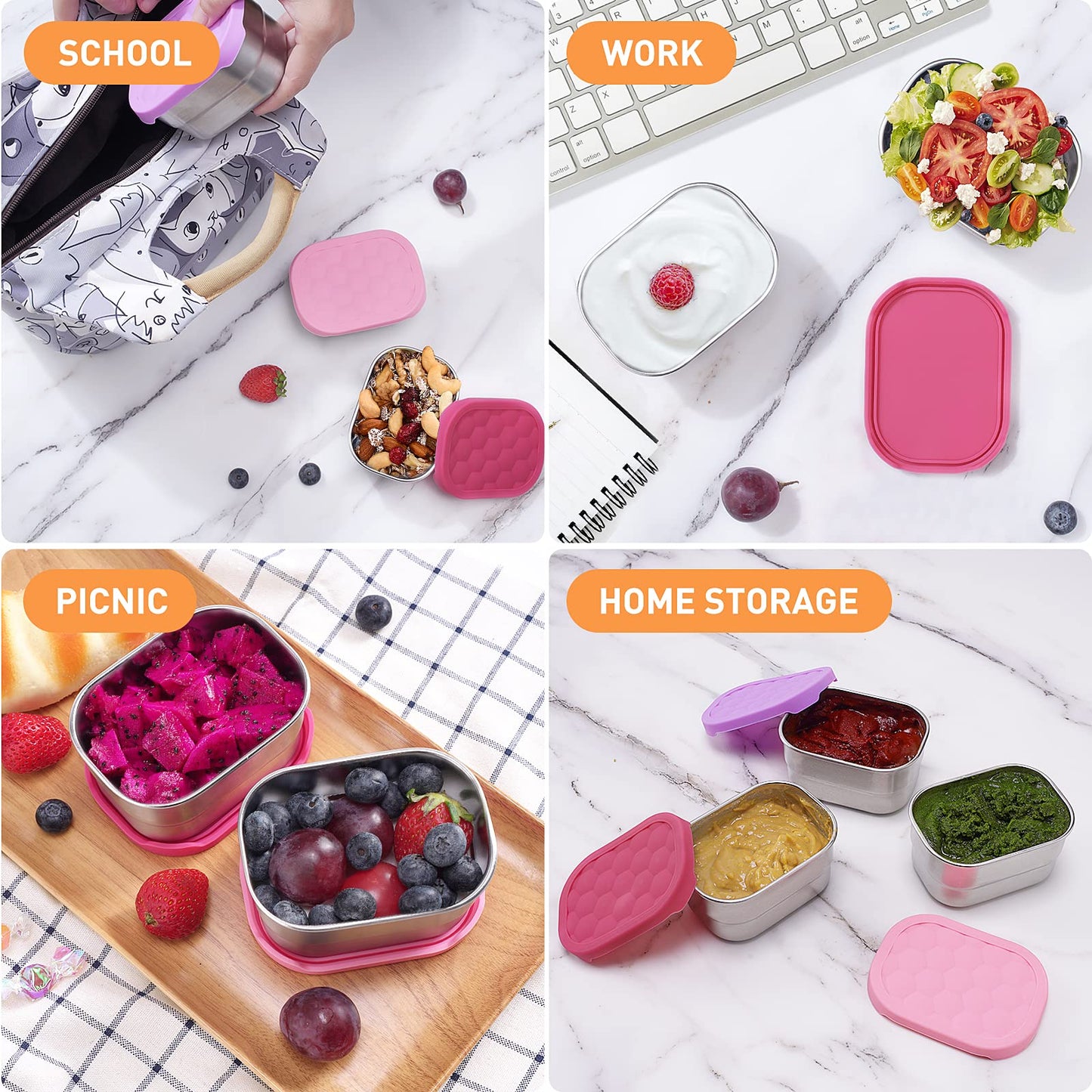 Tanjiae Small (1 CUP) Stainless Steel Snack Containers for Kids | Easy Open Leak Proof Food Containers with Silicone Lids - Perfect Metal Toddler Lunch Box for Daycare and School (8oz)