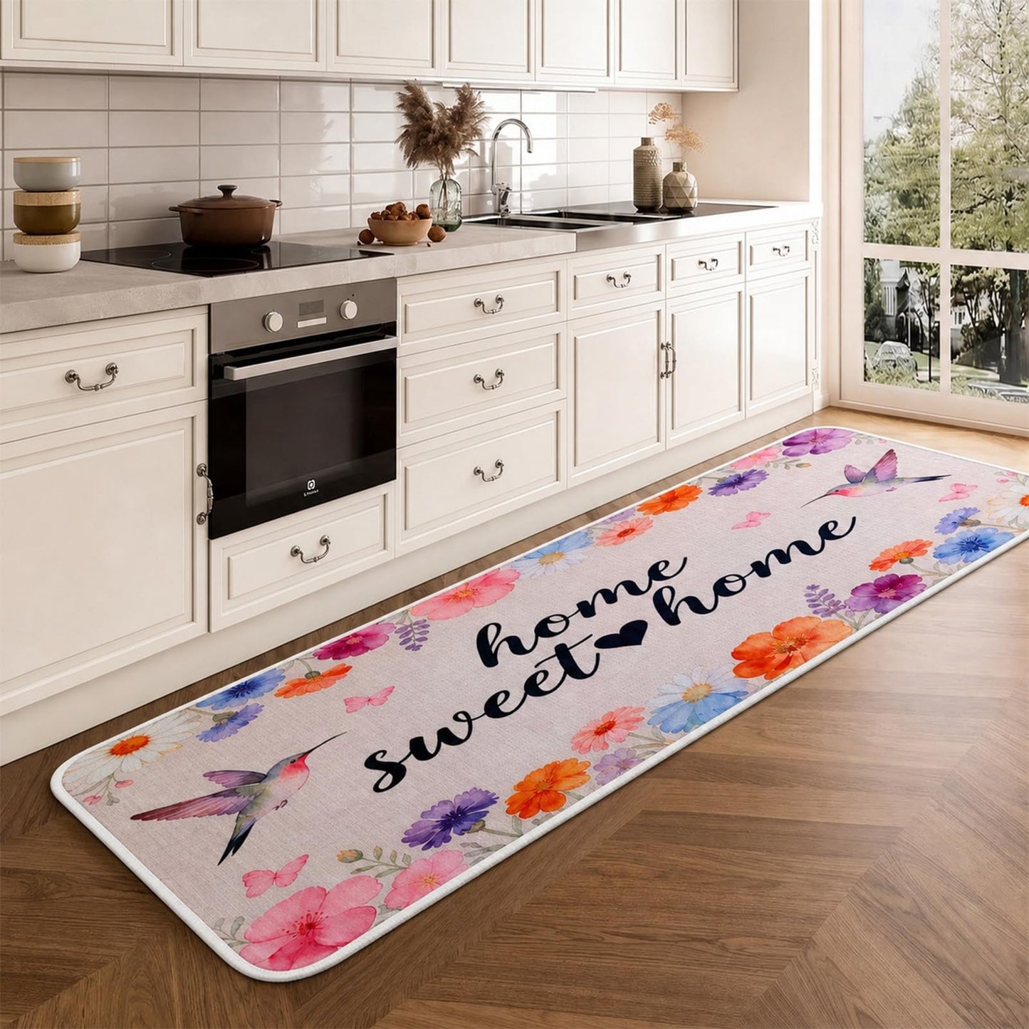 Kitchen Mats for Floor 3PCS,Non Slip Waterproof Kitchen Sink Rugs,Washable Spring Hummingbird Floral Door Mat Comfort Standing Mat for Laundry, Desk, Bar, Office,17“x32”+17“x47”+17“x60”(Hummingbird)