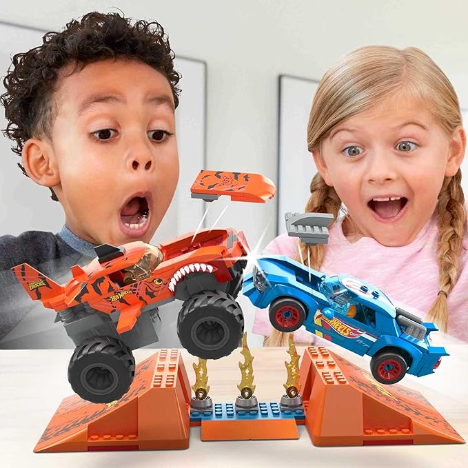 MEGA Hot Wheels Monster Trucks Toy Building Set Smash &amp Crash Tiger Shark Chomp Course with 245 Pieces 2 Micro Figure Drivers Orange Age 5+ Years