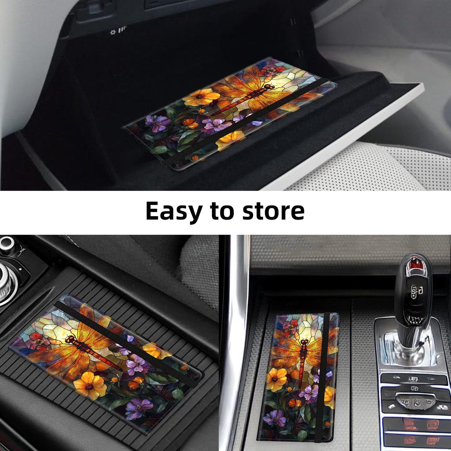 FXIANGWL Car Registration and Insurance Holder - RFID Blocking PU Leather Vehicle Document Organizer with Reinforced Stitched Edges, Slim Glove Box Wallet for Men Women, Dragonfly Stained Glass