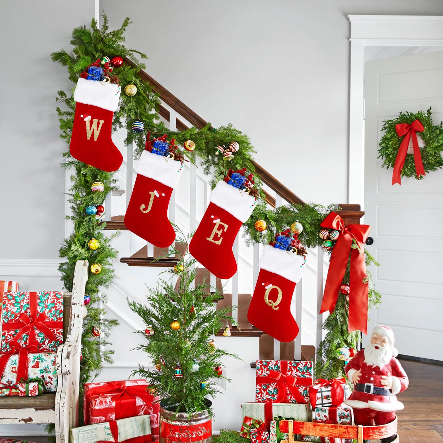 Sailup 20 Inches Monogram Christmas Stockings with Letters, Large Super Soft Christmas Stockings Red Velvet with White Super Soft Plush Cuff for Christmas Xmas Tree Holiday Fireplace (I)
