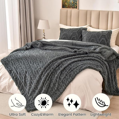 PHF Fluffy Sherpa Blanket Twin Size for Winter, Warm and Soft, 510GSM 3D Jacquard Thick Shaggy Fleece Plush Blanket for Sofa Bed, Dark Grey, 60"x80"