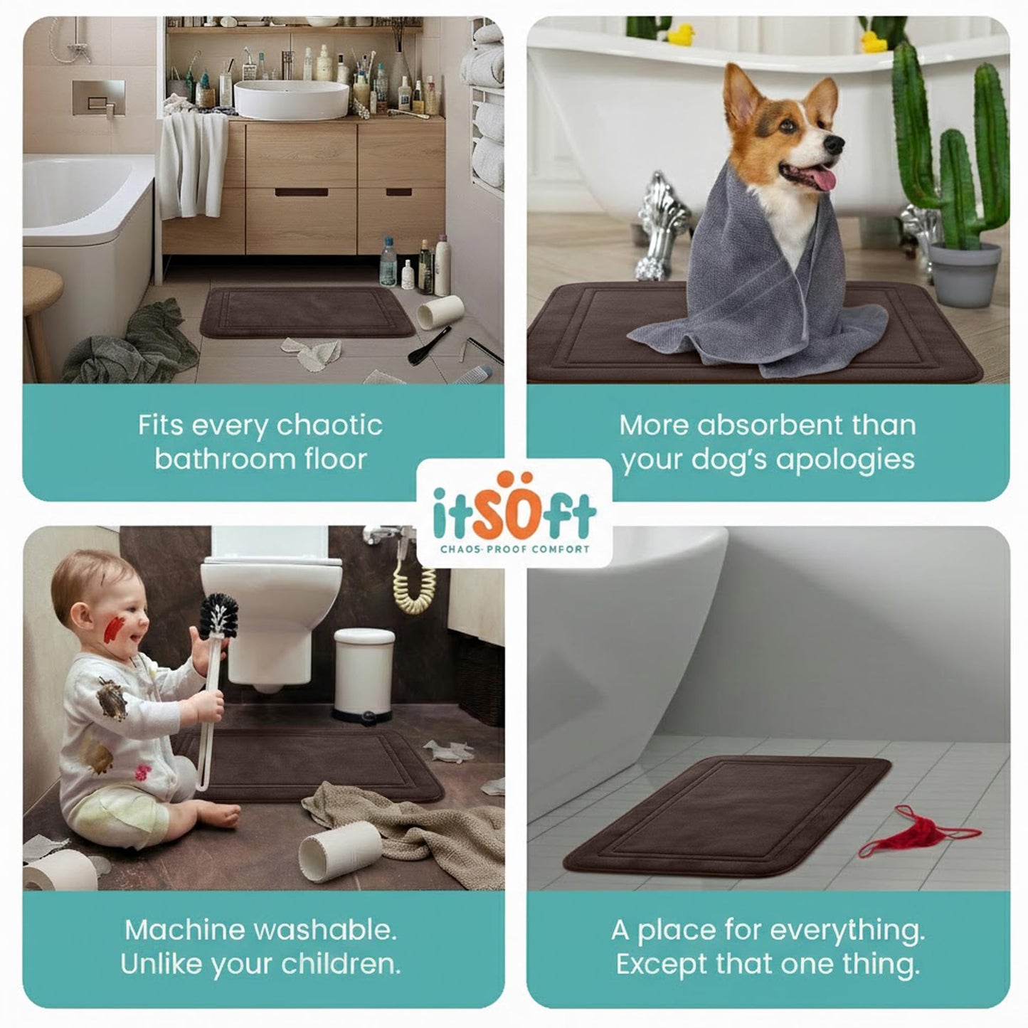 ITSOFT Memory Foam Bath Mat 59x23, Non Slip, Machine Washable, Quick Dry & Absorbent Rugs, Bath Mats for Bathroom Floor, Tub & Shower, Bathroom Rug, Chocolate Brown