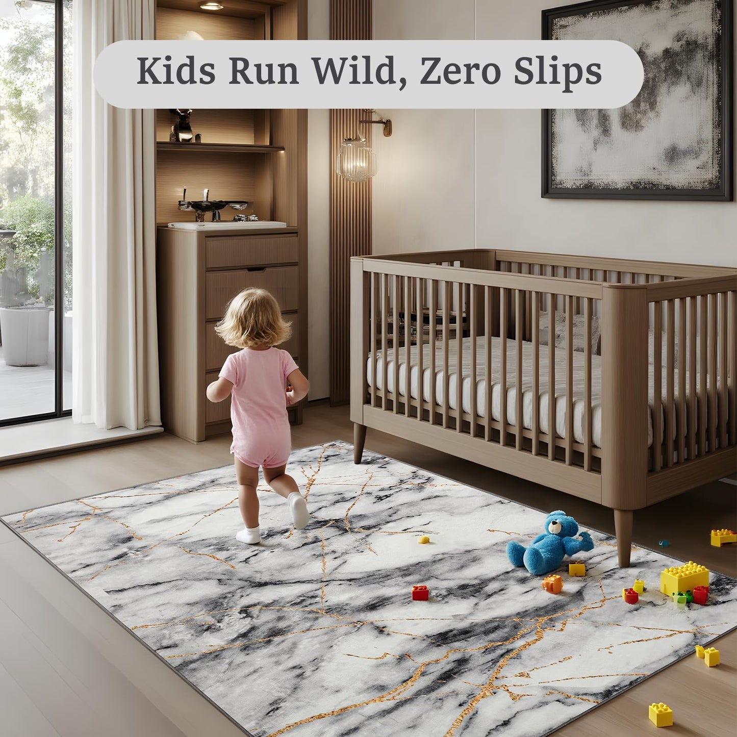 CRYPTOLITE Abstract Area Rug Washable Rug with Non-Slip Backing Low Pile Area Rugs for Living Room,Bedroom,Dining Room,4x6, Gold&Grey