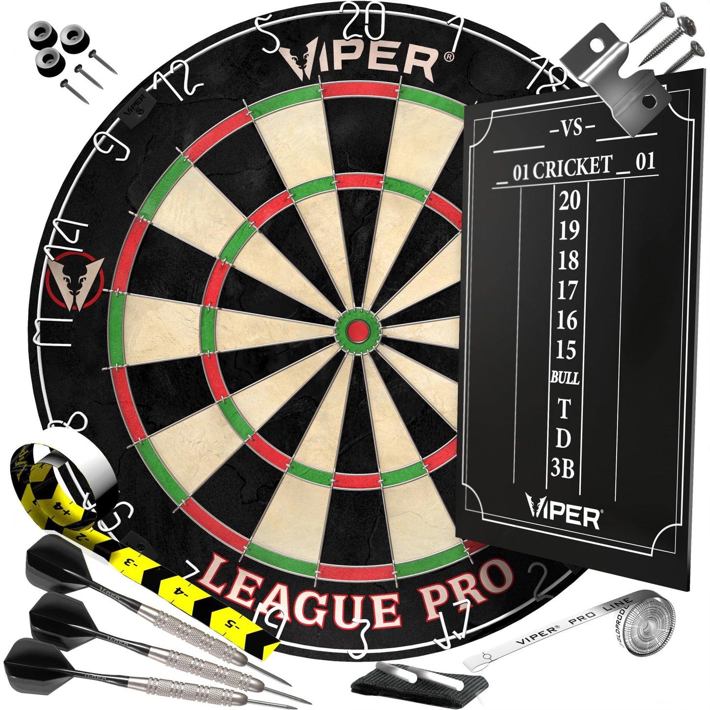Viper League Pro Sisal Bristle Dart Board for Adults Starter Set with Cricket Scoreboard, Regulation 17.75 Inch Steel Tip Dartboard, 3 Darts, and Chalk