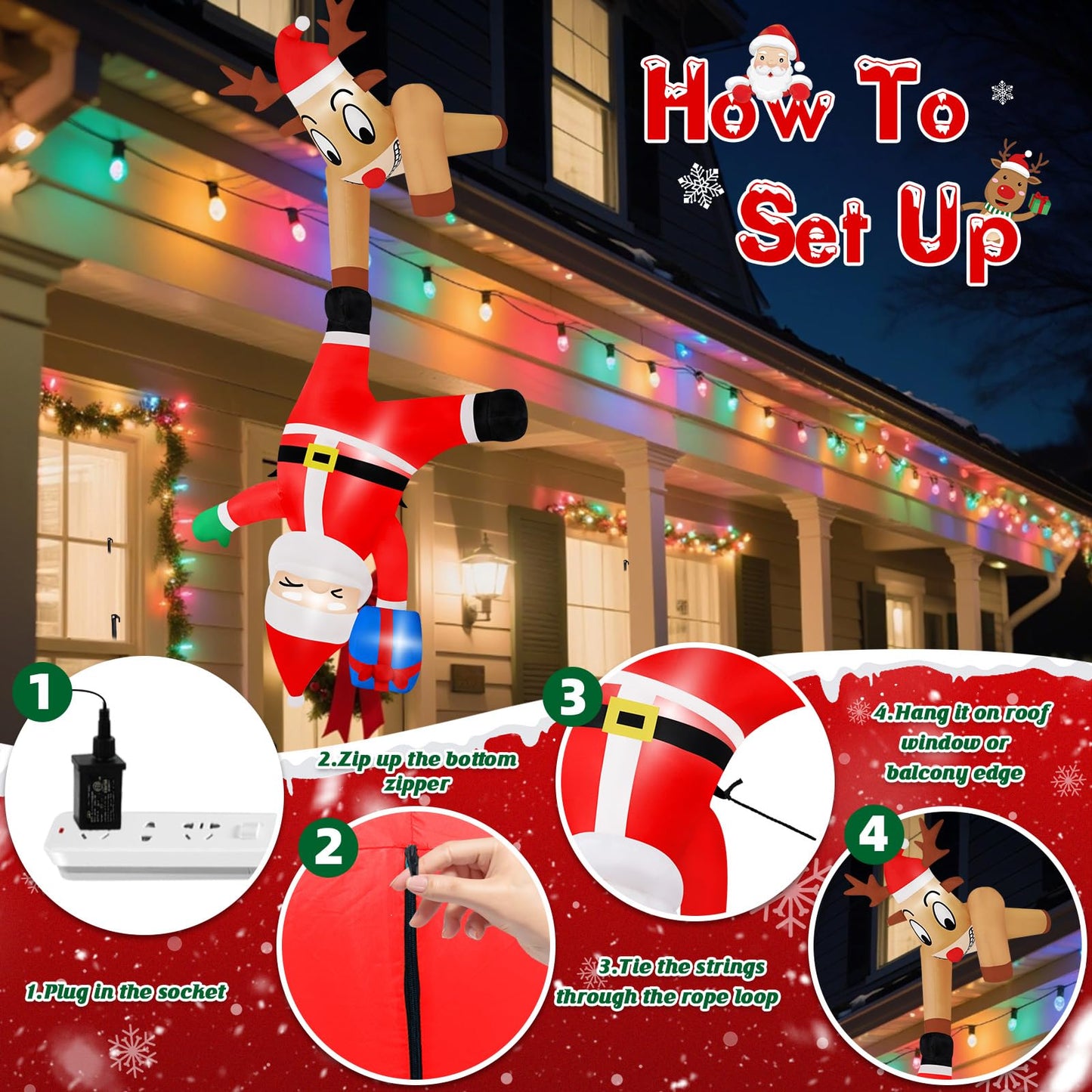 B&D 6FT Christmas Inflatable Reindeer Pulling Falling Santa Outdoor Decorations, Funny Hanging Inflatable Christmas Decorations Built-in LEDs Blow Up Yard Inflatable for Xmas Party Indoor Garden Roof