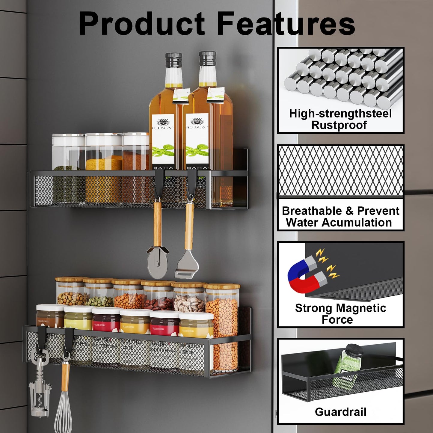Magnetic Spice Rack for Refrigerator, 4 Pack Magnetic Shelf, Fridge Magnet Organizer with Moveable 8 Hooks, Magnetic Fridge Shelf for Kitchen Organization and Storage (4 Pack)