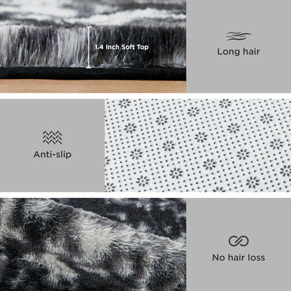 Litanika 6x9 Fluffy Shag Faux Fur Area Rug for Living Room Bedroom, Tie-Dyed Black White High Pile Soft Plush Shaggy Furry Bedside Playroom Dorm Carpet, Non-Slip, Non-Shedding Modern Indoor Floor Rug