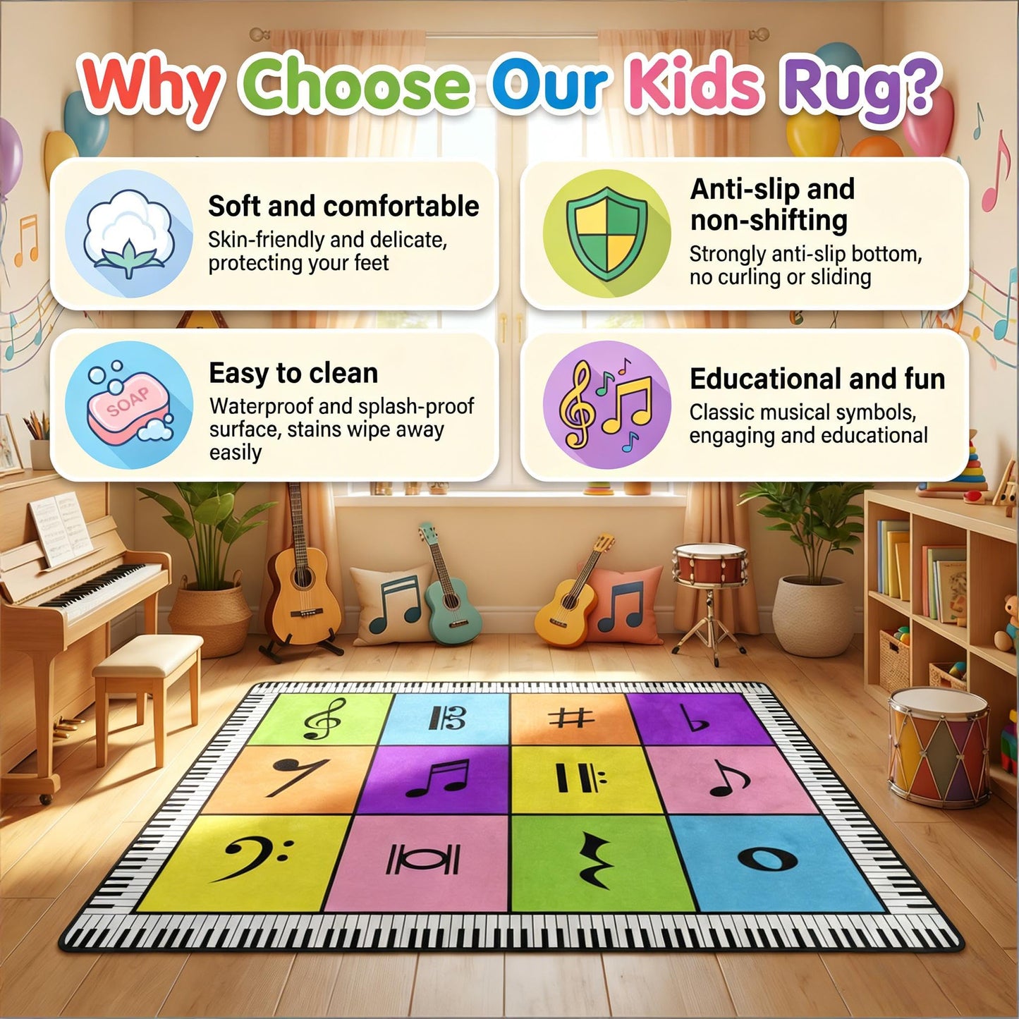 ALALAL Colorful Music Note Rug, Classroom Seating Rug with 12 Seats - 5x7 Ft Kids Playmat Rugs with Rubber Backing, Educational Carpet for Preschool Bedrooms Game Room Music Studio