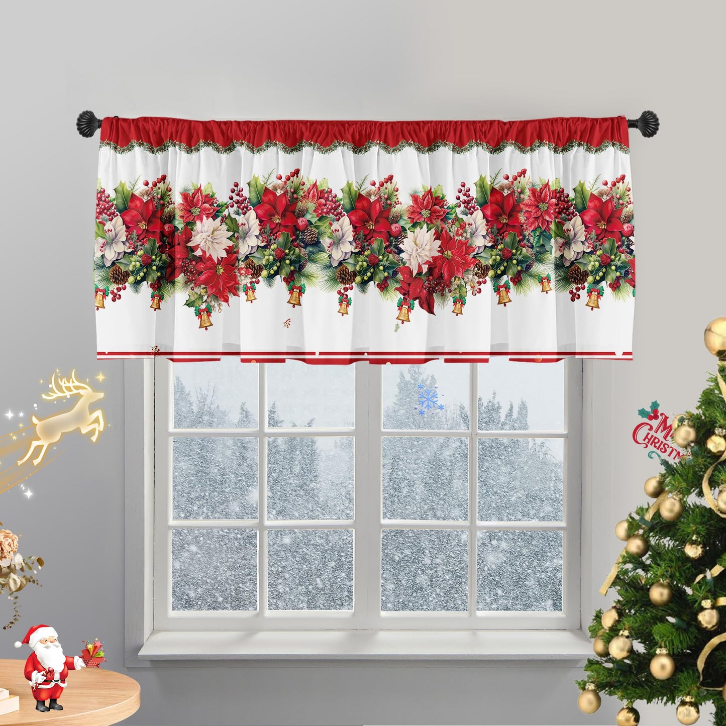 SUNWISHA Christmas Poinsettia Curtains Valance for Kitchen Window 52 x 18 Inch Window Decor Red