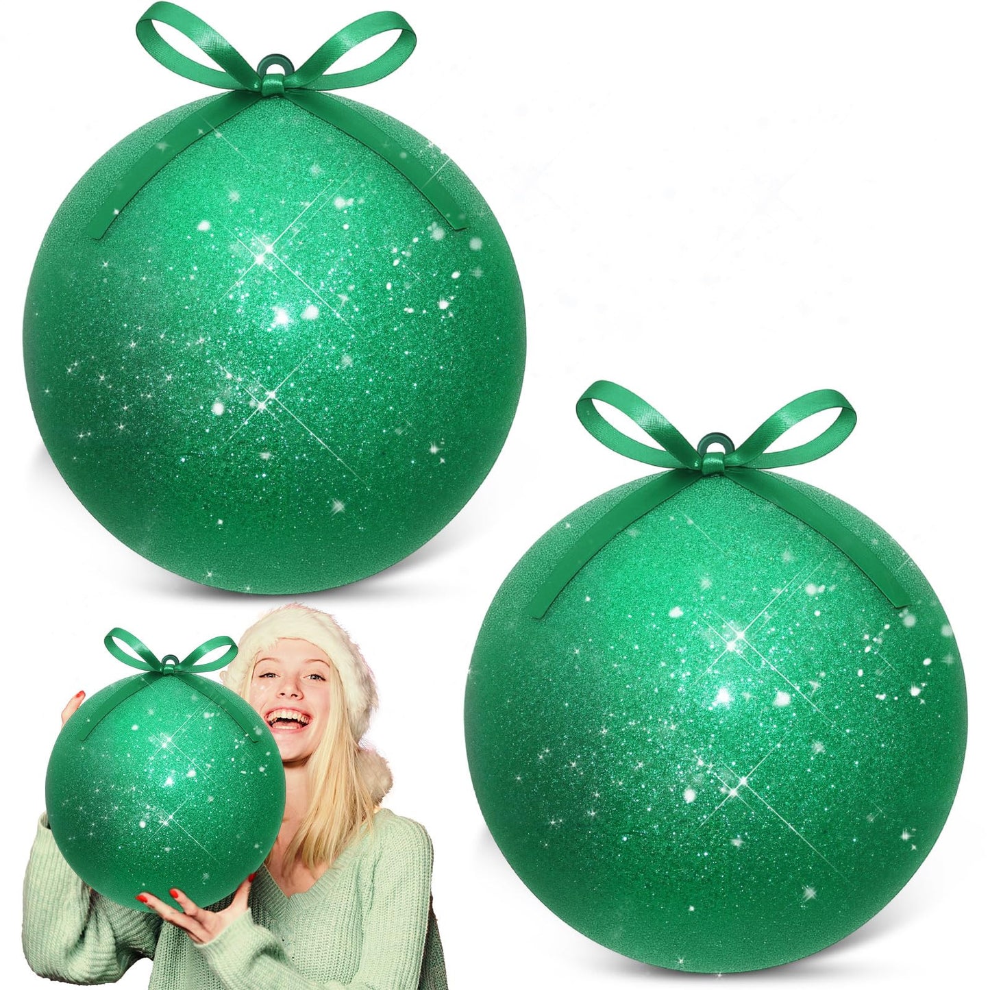 Zubebe 2 Pcs 8" Giant Fillable Christmas Ornaments with Ribbons Oversized Plastic Xmas Balls for Outdoor Lawn Yard Decor, Tree Hanging, Holiday Gifts(Glitter Green)