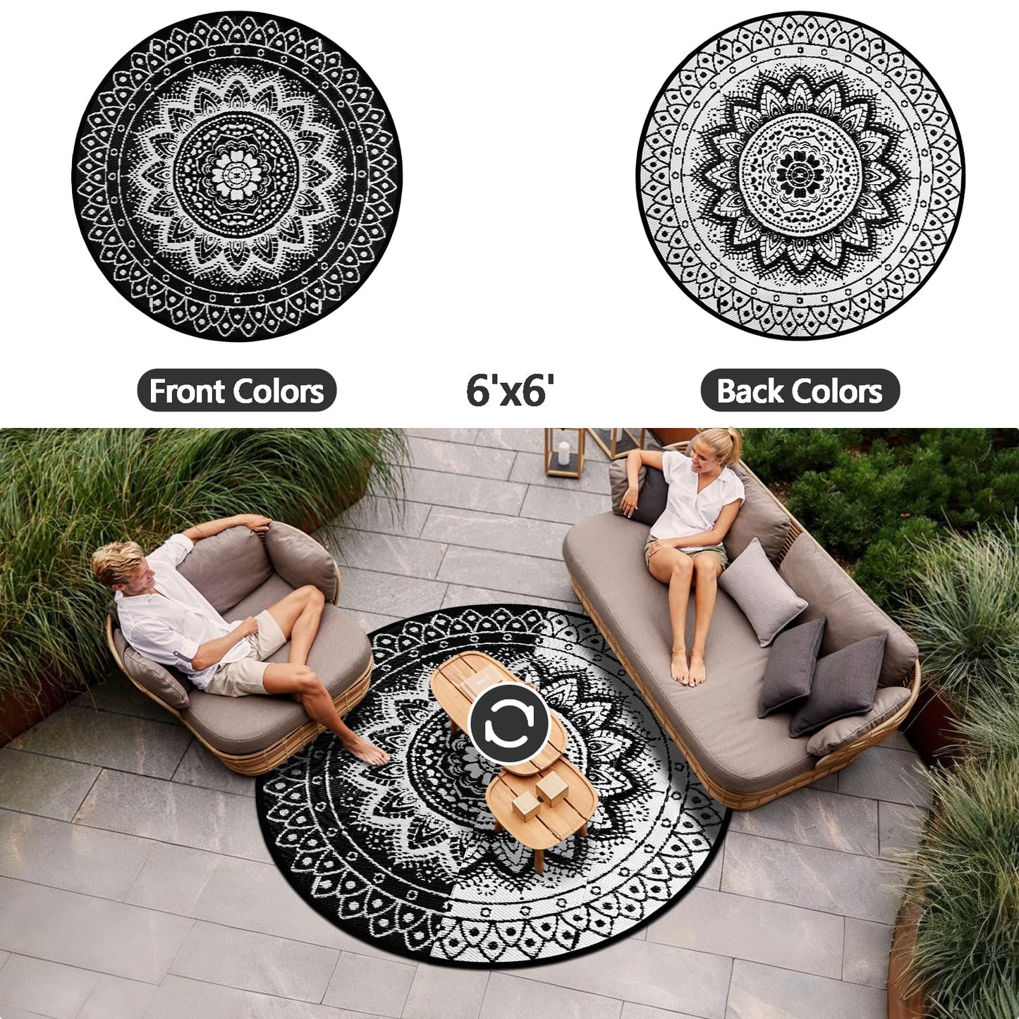 Round Outdoor Rugs for Patios, 6Ft Waterproof Reversible Plastic Straw Mat with Carry Bags, Boho Lightweight Outdoor Carpet Portable Round Floor Mat for Patio Camping Picnic Backyard RV,Black & White