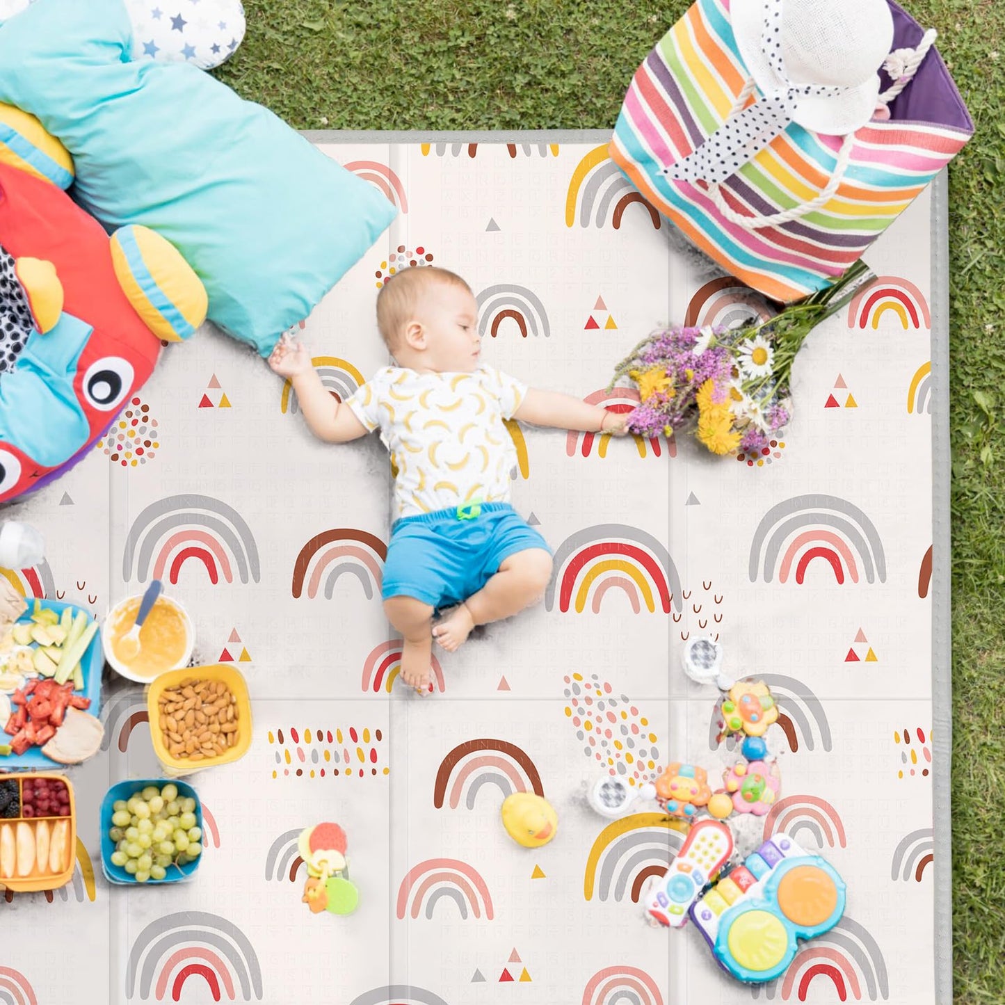 Foldable Baby Play Mat, PIGLOG Waterproof Playmats for Babies and Toddlers Kids, Safe Foam Playmat for Tummy Time, 50x50 Playpen Mat, Reversible Portable Baby Floor Mat for Infant, Toddler(Rainbow)